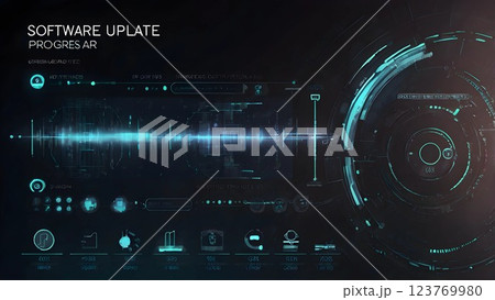 Update software application upgrade technology concept, Software update progress bar on futuristic digital interface, glowing elements, sleek minimalistic design 123769980