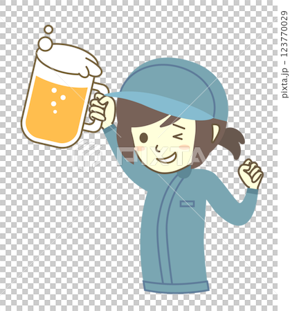 A female worker wearing a hat holding up a beer A female worker wearing a hat holding up a beer 123770029
