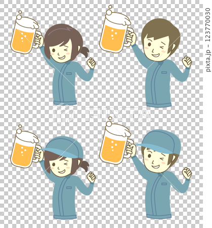 ビールを掲げている男女作業員セット、帽子ありなし 123770030