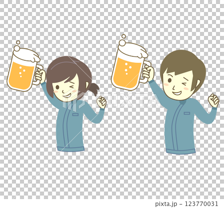 ビールを掲げている男女作業員 ビールを掲げている男女作業員 123770031