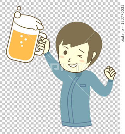 ビールを掲げている男性作業員 ビールを掲げている男性作業員 123770033