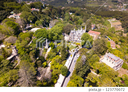 Quinta da Regaleira palace in the municipality of Sintra. Panoramic view from drone.  123770072