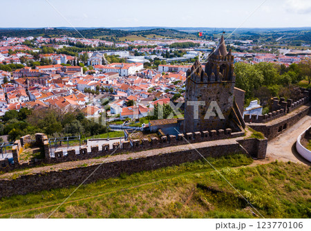 Panoramic view from drone of the castle Montemor o Novo. The Alcaides palace ruins. Evora district. Alentejo, Panoramic view from drone of the castle Montemor o Novo. The Alcaides palace ruins. Evora district. Alentejo, 123770106