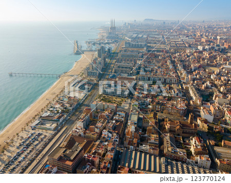 Aerial view of the Mediterranean coast of Badalona.  123770124