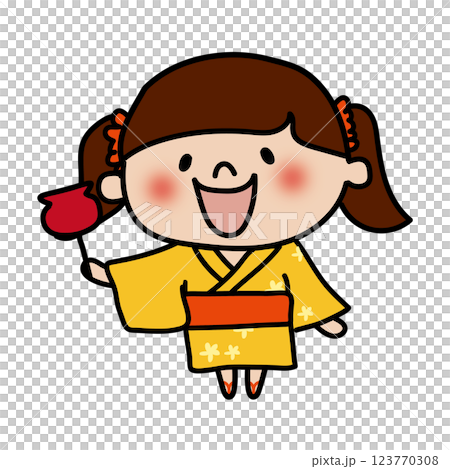 A child (girl) wearing a yukata holding a candy apple 123770308
