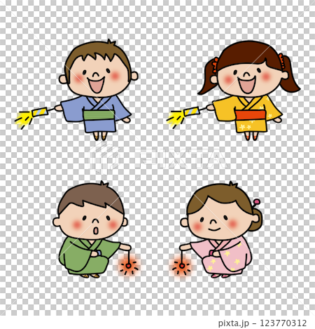 浴衣で花火をする子供たちセット 123770312