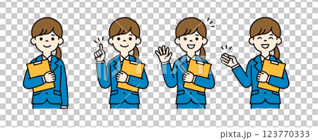 Vector illustration set of a smiling woman looking for a job, holding documents and materials_Line width can be edited_Color 123770333
