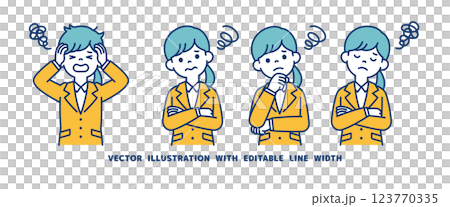 A vector illustration set of a woman wearing a recruitment suit who is worried, confused, or troubled_Line width can be edited 123770335