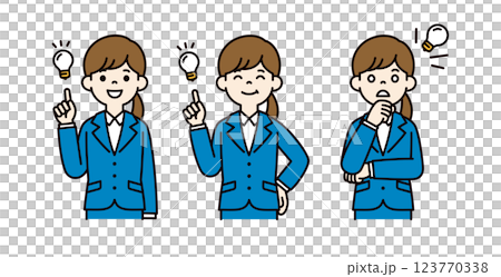 Vector illustration set of a woman on a job hunt who has an idea, notices something, and solves a problem_Line width can be edited_Color 123770338