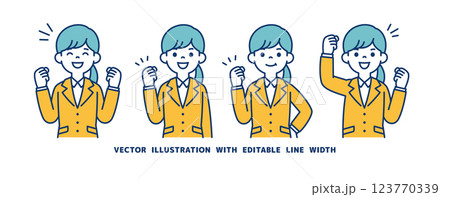 ガッツポーズをする、リクルートスーツを着た女性のベクターイラスト素材セット_線幅の編集可能 ガッツポーズをする、リクルートスーツを着た女性のベクターイラスト素材セット_線幅の編集可能 123770339