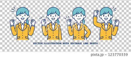 ガッツポーズをする、リクルートスーツを着た女性のベクターイラスト素材セット_線幅の編集可能 ガッツポーズをする、リクルートスーツを着た女性のベクターイラスト素材セット_線幅の編集可能 123770339