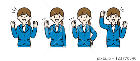 ガッツポーズをする、就活中の女性のベクターイラスト素材セット＿線幅の編集可能	＿カラー 123770340