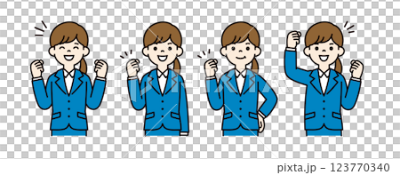 ガッツポーズをする、就活中の女性のベクターイラスト素材セット＿線幅の編集可能	＿カラー 123770340