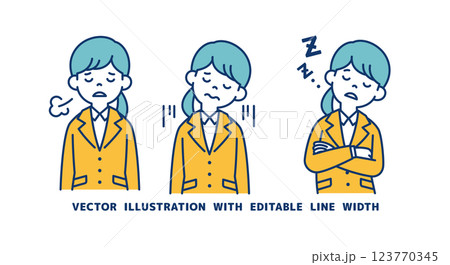 ネガティブなイメージの、リクルートスーツを着た女性のベクターイラスト素材セット＿線幅の編集可能 123770345