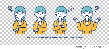 Worried, troubled, thinking, vector illustration material set of a woman wearing a recruitment suit_Line width can be edited 123770347