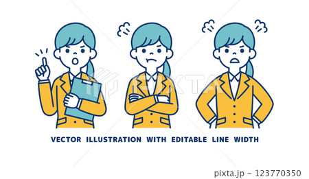 怒る・叱る・注意する、リクルートスーツを着た女性のベクターイラスト素材セット＿線幅の編集可能 123770350