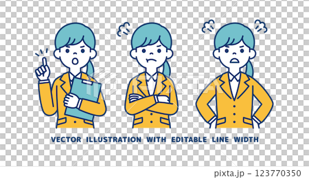 怒る・叱る・注意する、リクルートスーツを着た女性のベクターイラスト素材セット＿線幅の編集可能 123770350