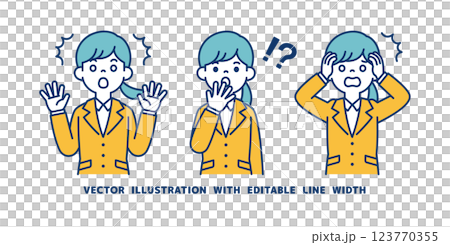 Vector illustration set of a woman in a recruitment suit who is surprised or shocked_Line width can be edited Vector illustration set of a woman in a recruitment suit who is surprised or shocked_Line width can be edited 123770355