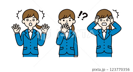 驚く・ビックリする、就活中の女性のベクターイラスト素材セット＿線幅の編集可能＿カラー 123770356