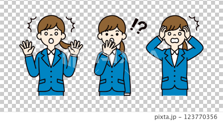 驚く・ビックリする、就活中の女性のベクターイラスト素材セット＿線幅の編集可能＿カラー 123770356