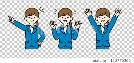 Vector illustration set of a woman looking for a job, happy, aiming, cheering, _ Line width can be edited _ Color Vector illustration set of a woman looking for a job, happy, aiming, cheering, _ Line width can be edited _ Color 123770360