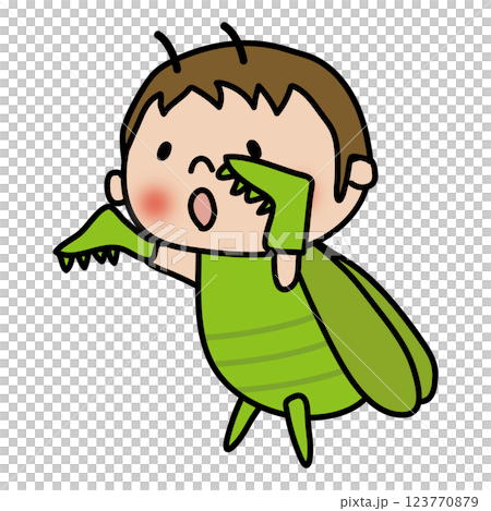 Child (boy) dressed as a praying mantis 2 Child (boy) dressed as a praying mantis 2 123770879