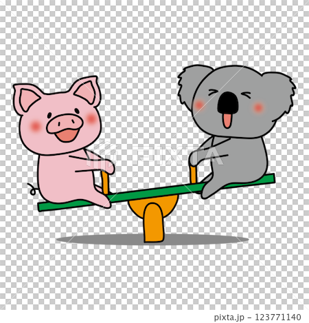 Pig and koala playing on a seesaw 123771140