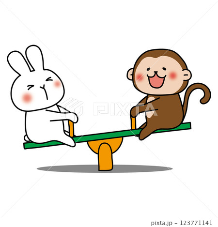 シーソーで遊ぶ白いうさぎと猿 シーソーで遊ぶ白いうさぎと猿 123771141