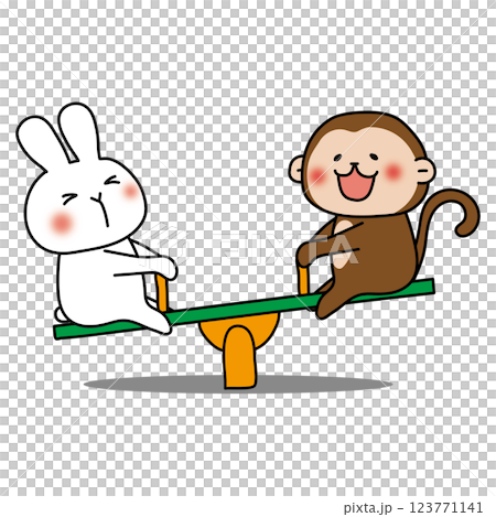 シーソーで遊ぶ白いうさぎと猿 シーソーで遊ぶ白いうさぎと猿 123771141