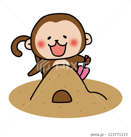 砂場で砂遊びをする猿 123771153