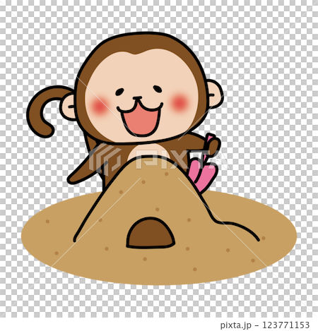 砂場で砂遊びをする猿 123771153