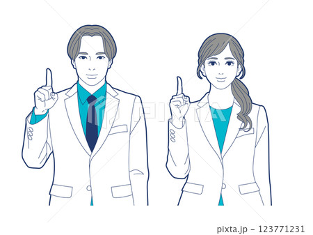 人差し指を立てている白衣姿の男女 123771231