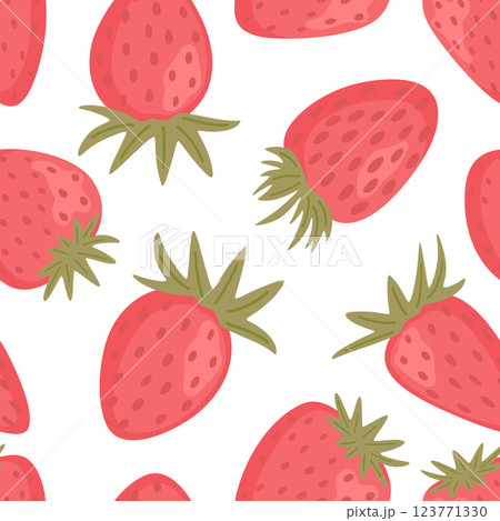 Vector Seamless Strawberry Pattern. Cute Hand Drawn Strawberry Background with Red Berries, Green Leaves on White. Fruit Decorative Design for Fabric, Wrapping Paper, Textile, Wallpaper, Packaging 123771330