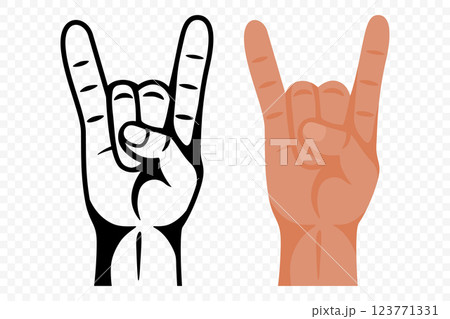 Rock Hand Gesture Vector Set. Horns Sign Hand Symbol, Outline, Colored Style. Heavy Metal, Rock and Roll, Music Festival Symbol. Hand Sign Illustration for Concerts, Bands, Alternative Culture Design 123771331