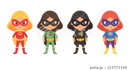Cute Superhero Girls in Different Color Costumes Set. Flat Cartoon Vector Illustration of Female Superheroes with Masks, Capes, Belts in Red, Green, Black, Blue Outfits. Kids Superhero Characters 123771349