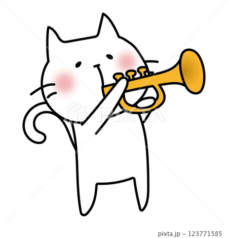 ラッパを吹く白い猫 123771585