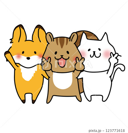 写真撮影でポーズをとるキツネとリスと白い猫 写真撮影でポーズをとるキツネとリスと白い猫 123771618