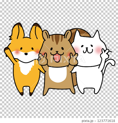 写真撮影でポーズをとるキツネとリスと白い猫 写真撮影でポーズをとるキツネとリスと白い猫 123771618