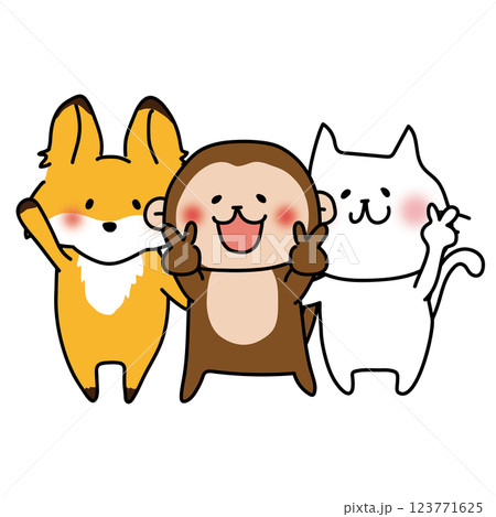 写真撮影でポーズをとるキツネと猿と白い猫 123771625