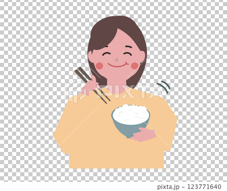 一名婦女津津有味地吃著米飯。飯碗，筷子。向量插圖 123771640