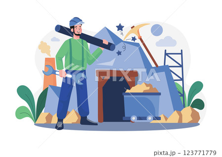 Miner Character Holding Wrench And Plastic Pipe 123771779