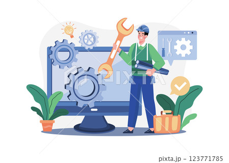 Mechanic Character Holding Wrench And Plastic Pipe Mechanic Character Holding Wrench And Plastic Pipe 123771785