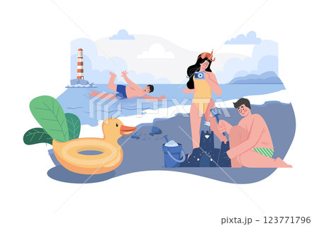 Friends Playing At The Beach Illustration concept. A flat illustration isolated on white background 123771796