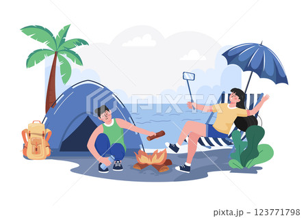 People Camping On The Beach Illustration concept. A flat illustration isolated on white background 123771798