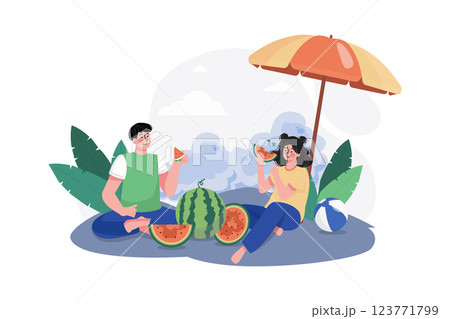 People Eating Melon Illustration concept. A flat illustration isolated on white background People Eating Melon Illustration concept. A flat illustration isolated on white background 123771799