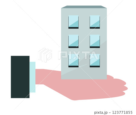 ビルを手のひらに乗せるビジネスマン。事業や企業、会社の成長を表したイラスト。ベクターイラスト	 123771855