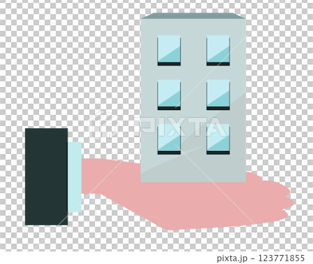 ビルを手のひらに乗せるビジネスマン。事業や企業、会社の成長を表したイラスト。ベクターイラスト	 123771855