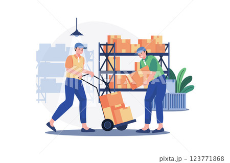 Warehouse Workers Arranging Boxes Illustration concept. A flat illustration isolated on white background Warehouse Workers Arranging Boxes Illustration concept. A flat illustration isolated on white background 123771868