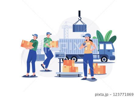 Warehouse Worker Unloading Truck Illustration concept. A flat illustration isolated on white background Warehouse Worker Unloading Truck Illustration concept. A flat illustration isolated on white background 123771869