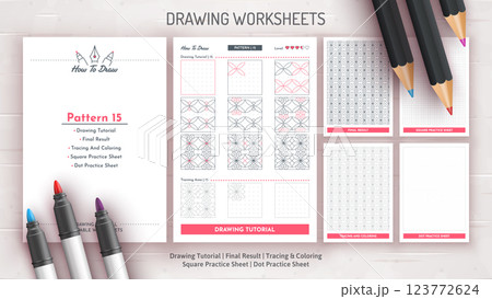 How to Draw a Pattern. Step by Step Drawing Tutorial. Draw Guide Worksheet. Simple Instruction for Kids and Adults 123772624
